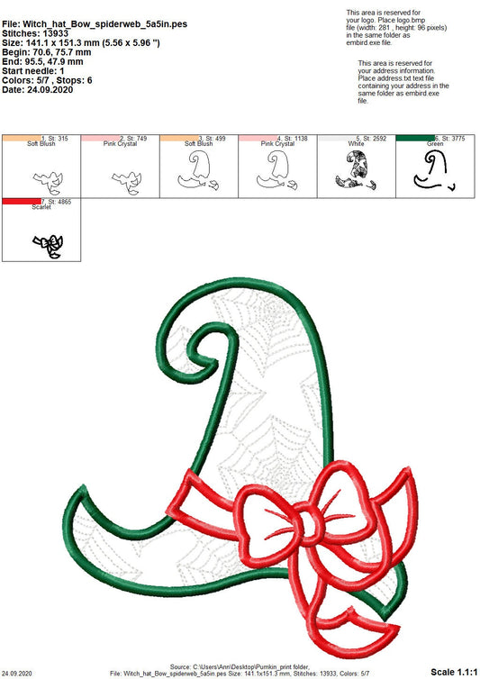 Witch Halloween hat with shabby chick bow crown applique machine