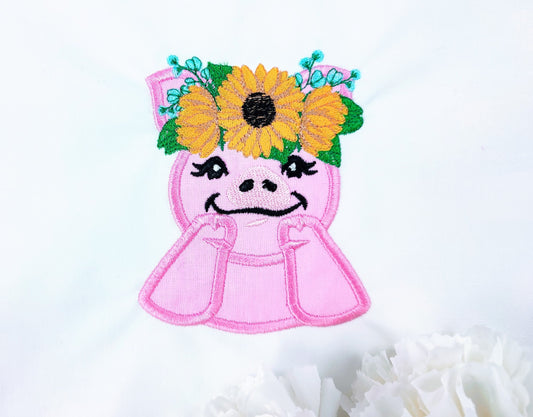 Sunflower Piggy girl, Ms Pig Piggie with fall autumn sunflower floral