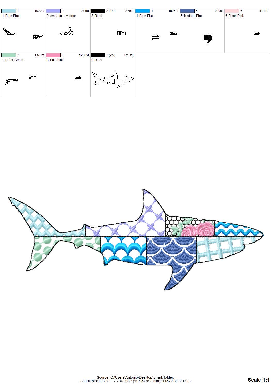 Patchwork Shark patterned sea life – Fish embroidery pattern by Artapli