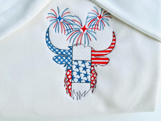 Patchwork Highland Cow Bull farm animal patterned outline and Fireworks