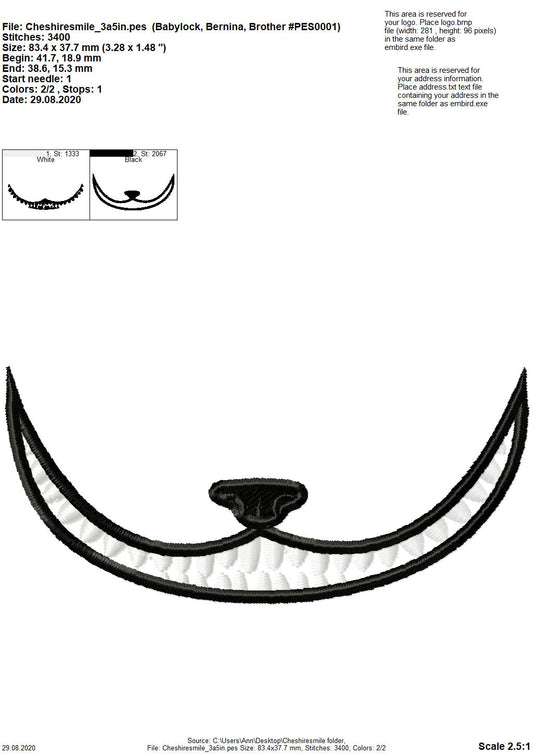 Cheshire Cat smile face mask Cat face machine embroidery designs 3.5,