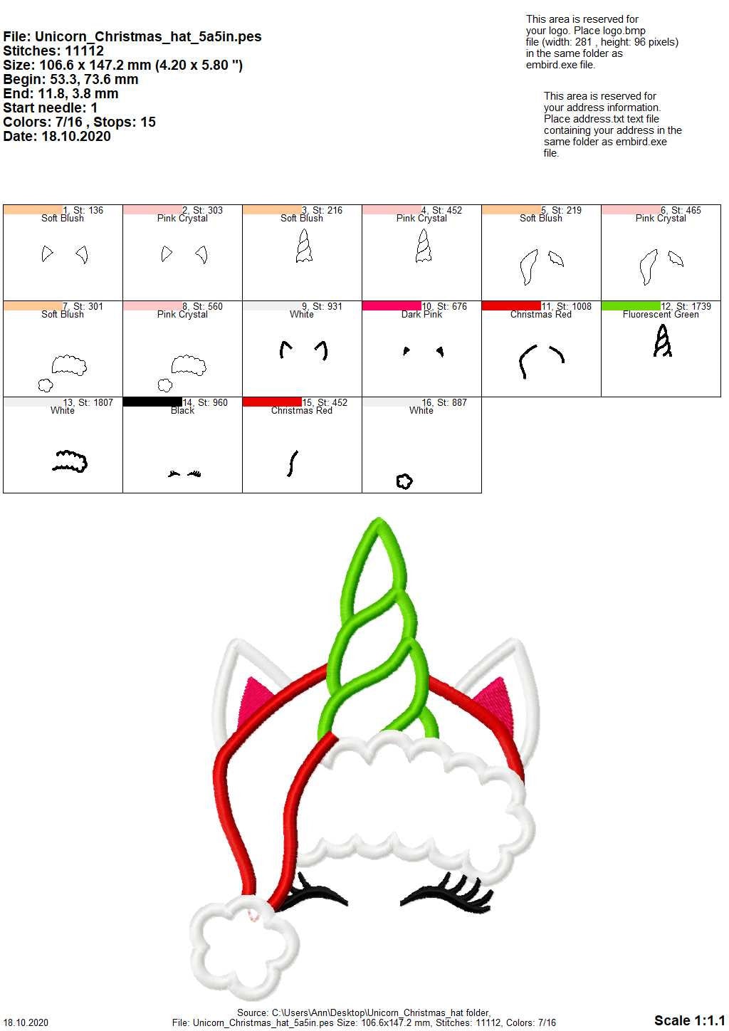 Unicorn Santa Hat Applique