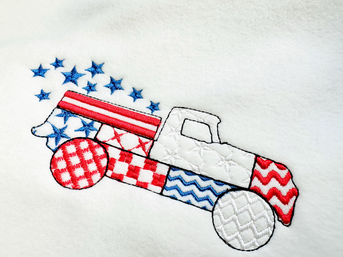 Patriotic Patchwork Red Truck with – Light machine embroidery pattern by Artapli