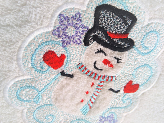 Terry Towel topper hanging snowman embossed embroidery IN THE HOOP