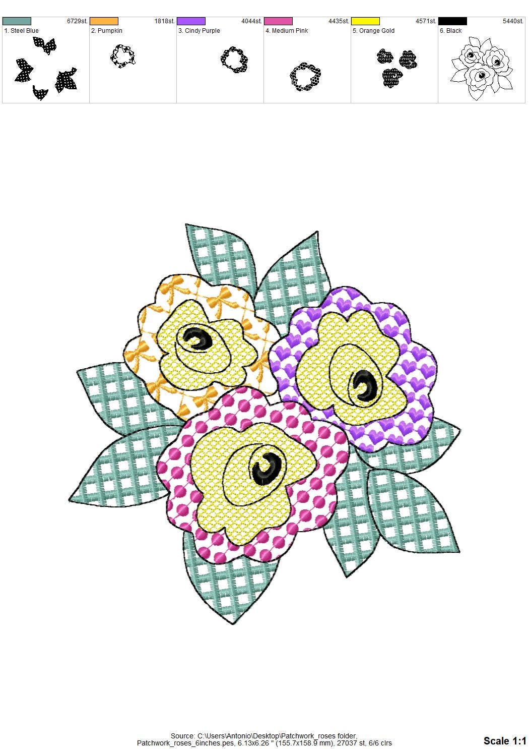Patchwork Rose flower floral bouquet summer garden patterned outline