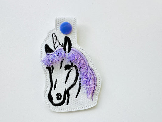 Unicorn face Key Fob Snap Tab and Eyelet girls keychain in the hoop