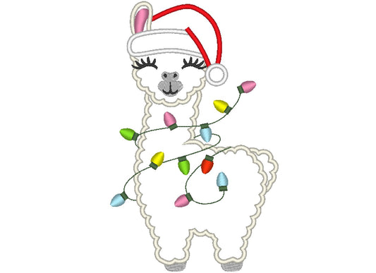 Llama with Christmas Lights And Santa Hat Applique