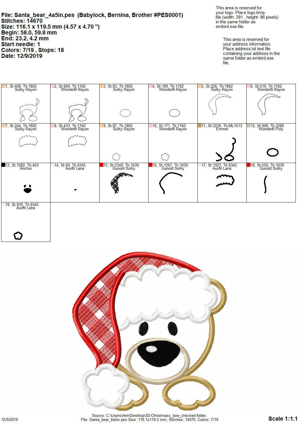 Teddy bear with Plaid Checked Christmas Santa hat machine applique