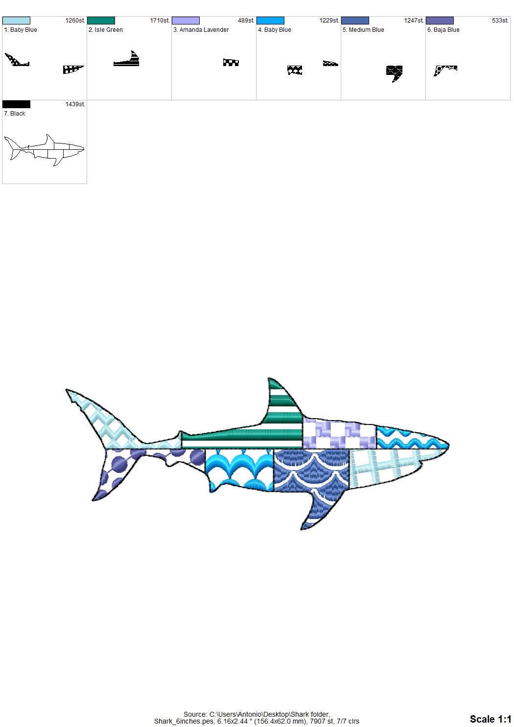 Patchwork Shark patterned sea life – Folk machine embroidery pattern by Artapli