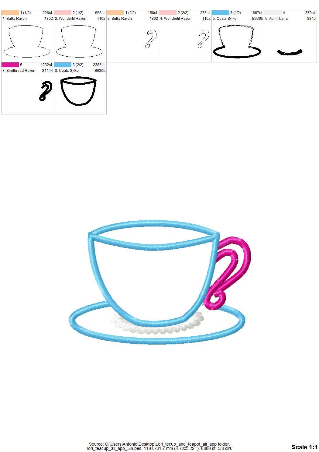 Teacup And Teapot Applique Set of 2