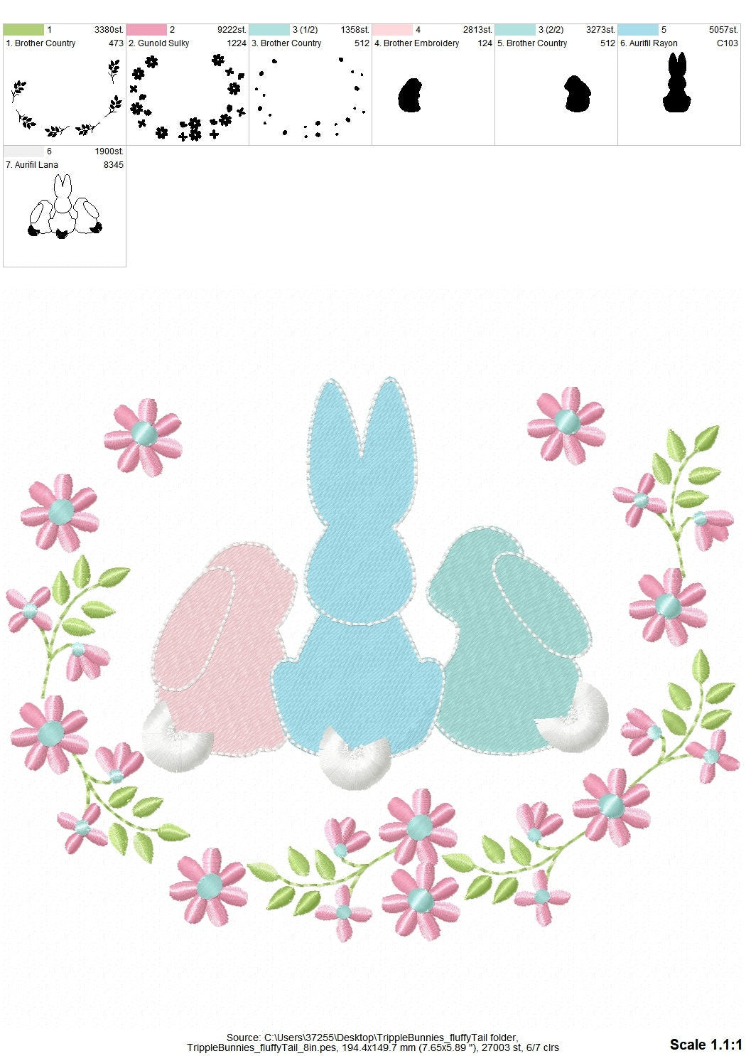 Three Bunnies in a row Floral Frame
