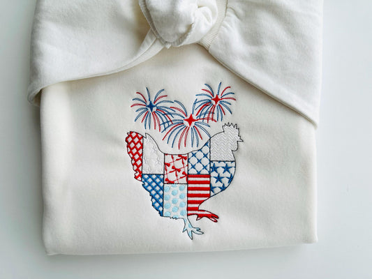 Patchwork Farm Chicken silhouette outline and Fireworks patterned