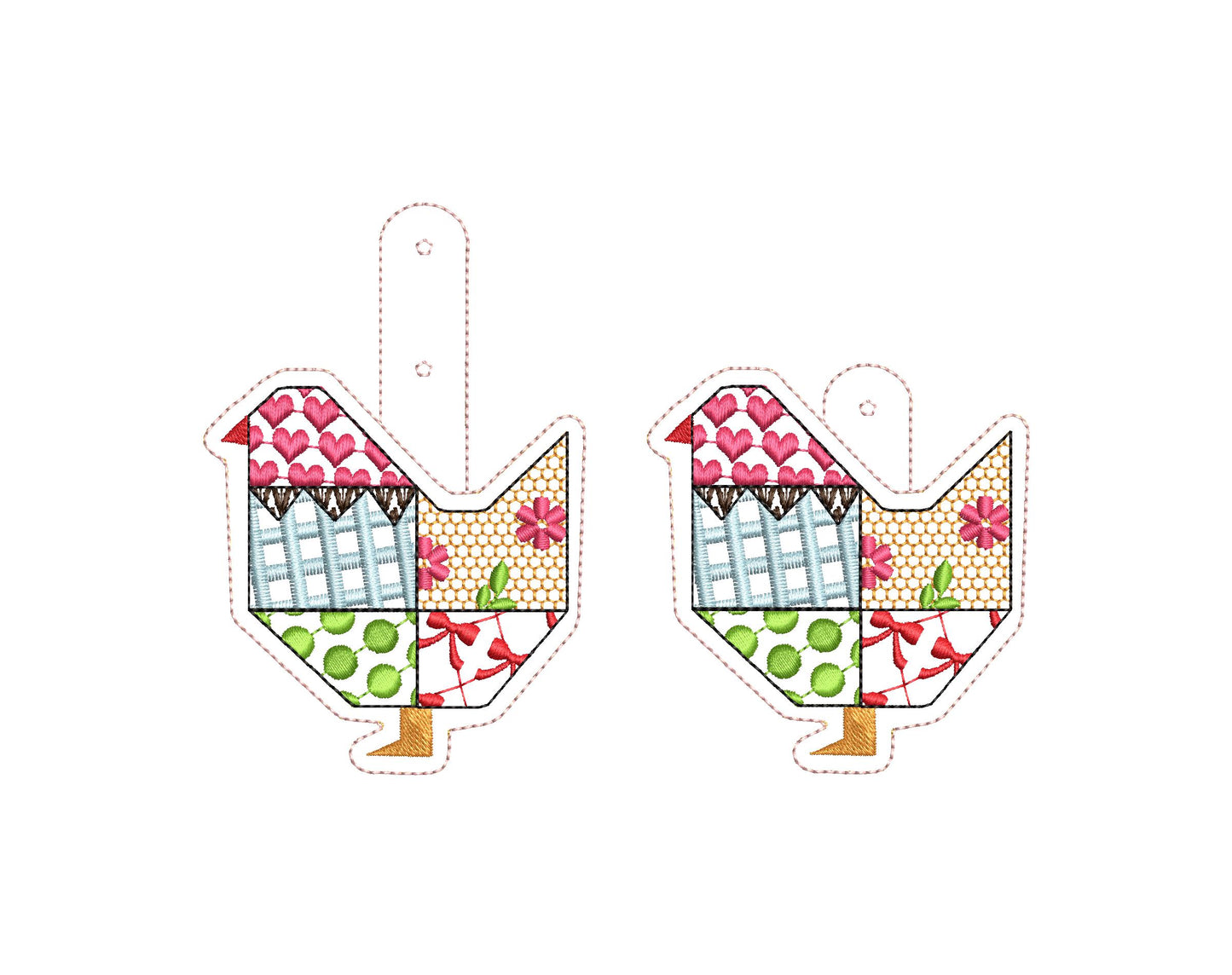 Patchwork Folk Chicken 2 types Eyelet and Key Fob snap tab ITH in the