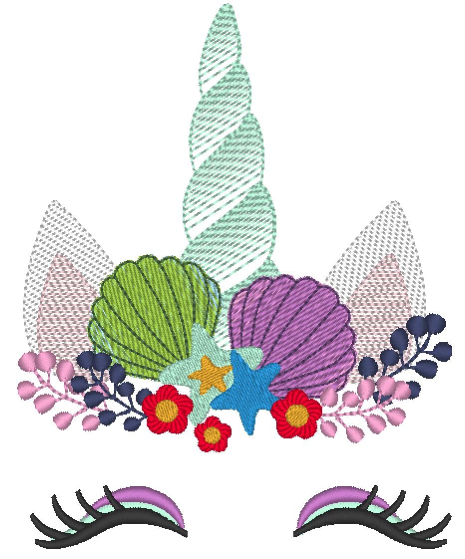 Summer mermaid Sketch stitch Unicorn head with shell and stars crown