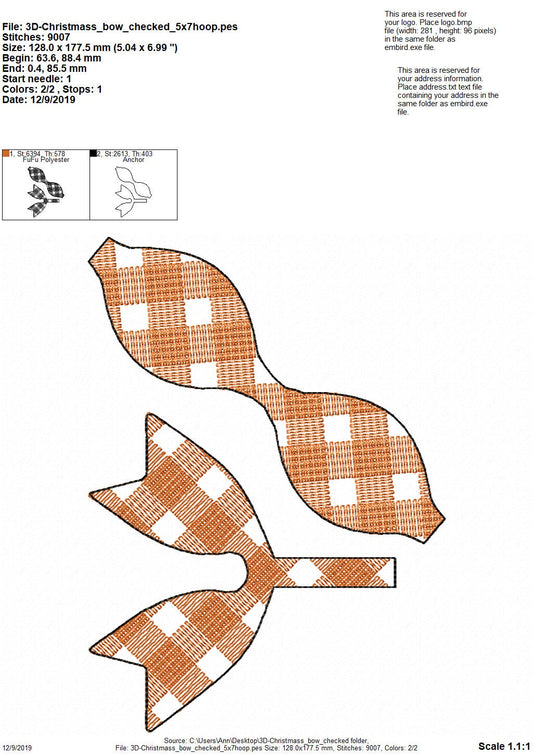 Plaid Gingham Christmas Bow 3D ITH