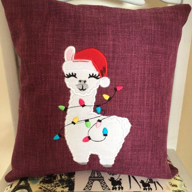 Llama with Christmas Lights And Santa Hat Applique