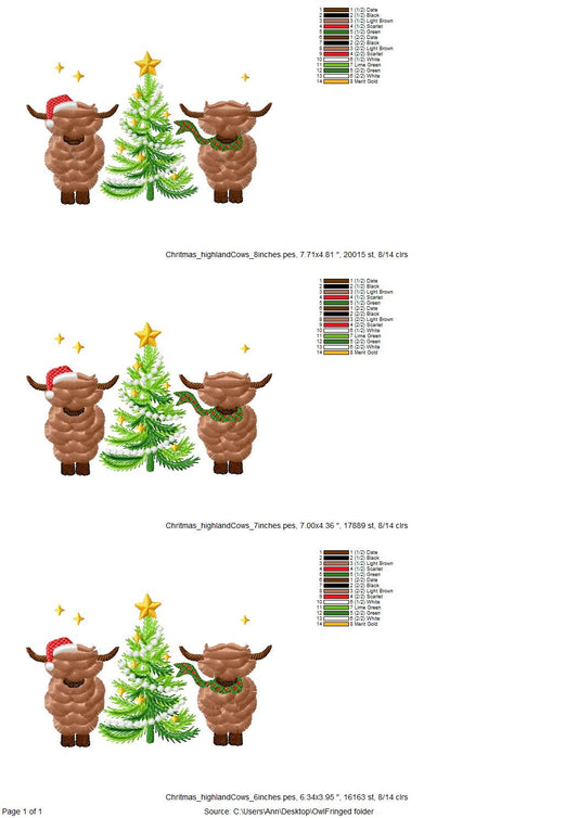 Fringed Highland Cow with Christmas Tree