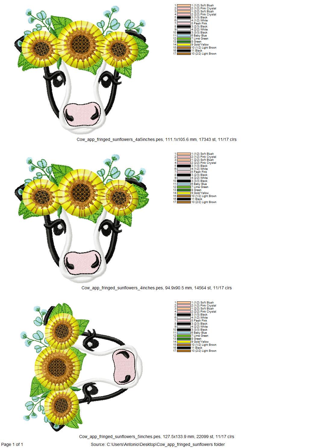 Fringed Sunflower Cute Cow Applique