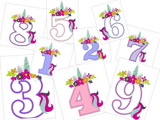 Floral Unicorn with Tail Birthday Numbers Applique
