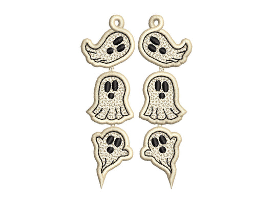 Spooky Ghosts in a row dangle Earrings ITH in the hoop FSL freestanding