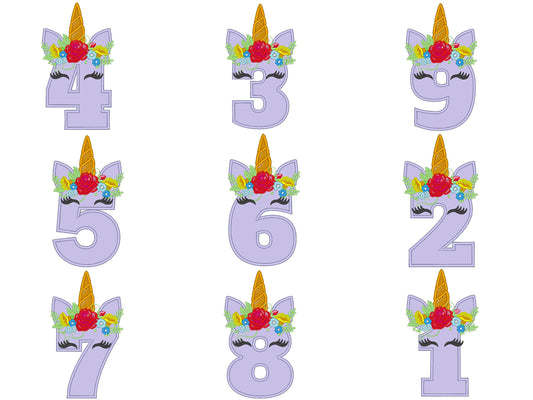 Floral Unicorn Birthday Numbers Applique