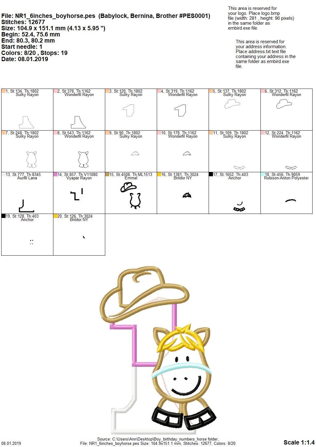 Little Cowboy Birthday number 1 NUMBER ONE machine embroidery applique