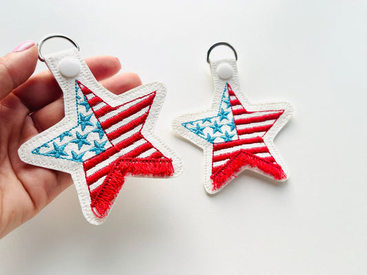 Patriotic 4th July American flag Fringed key fob snap tab ITH in the