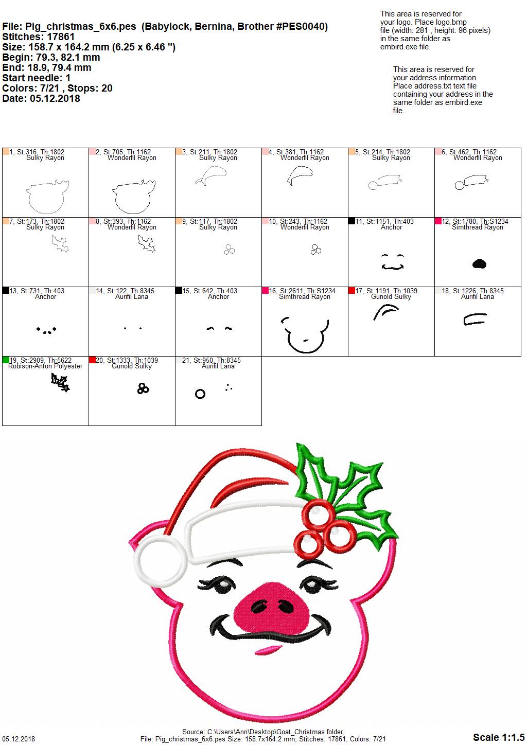 Christmas Pig with Santa Hat and Holly Flower