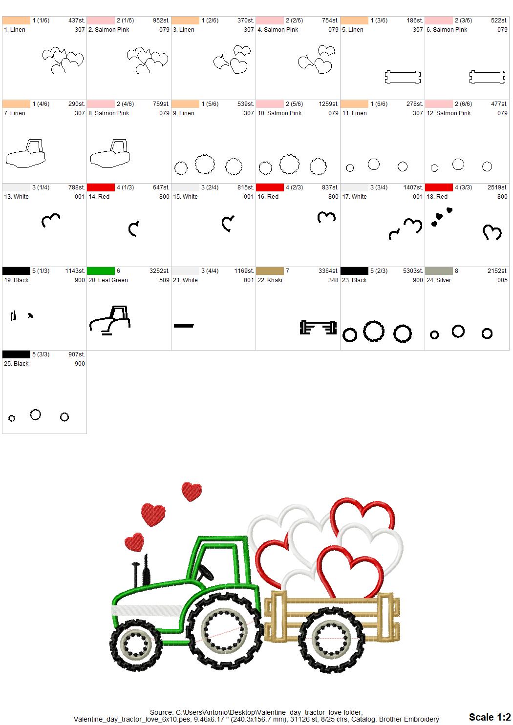 Valentine Tractor with Hearts – Tractor machine embroidery pattern by Artapli