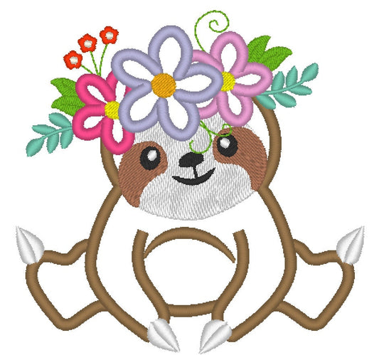 Sloth with floral crown wreath of flowers applique machine embroidery