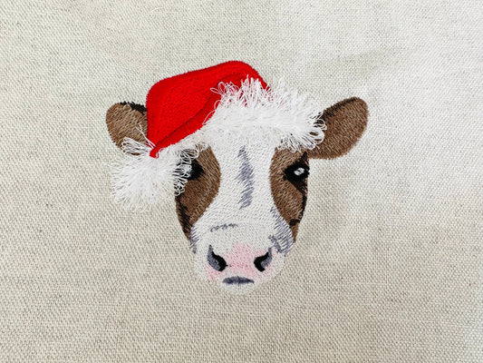 Fringed Christmas Cow with Santa Hat