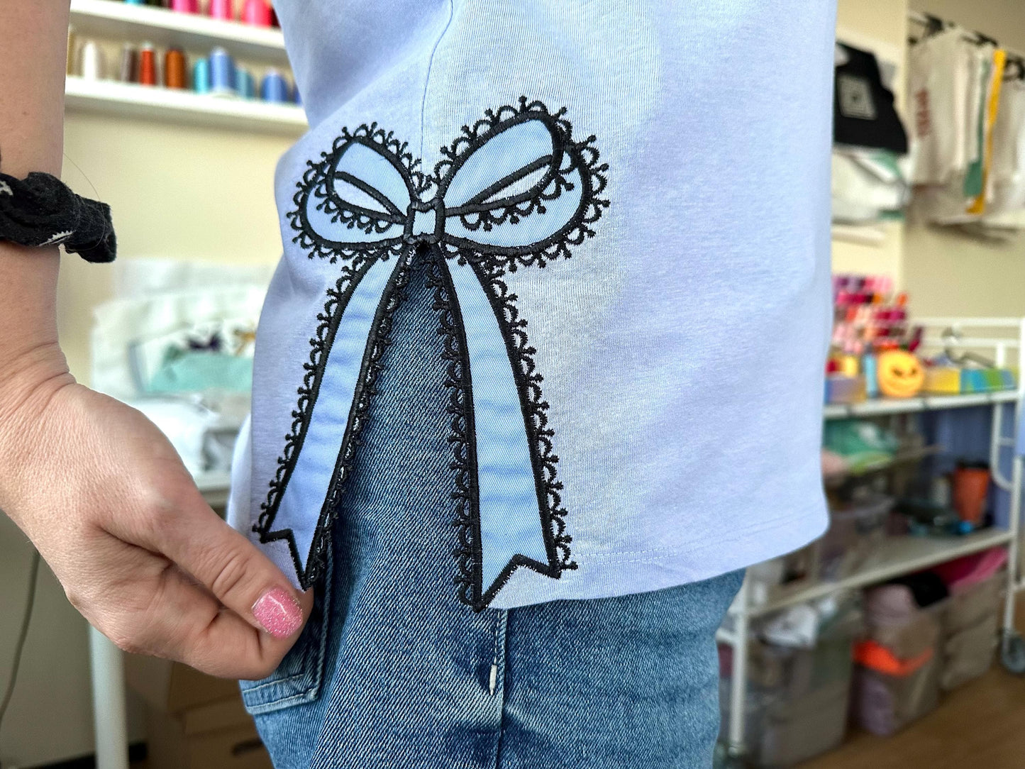 Side Split Seam Lace Bow Applique