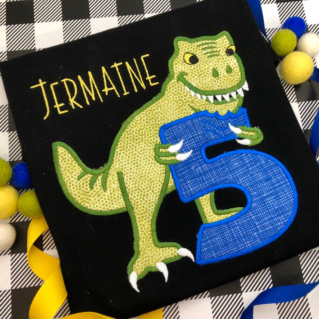 T-rex dinosaur Birthday number FIVE 5 machine embroidery Birthday