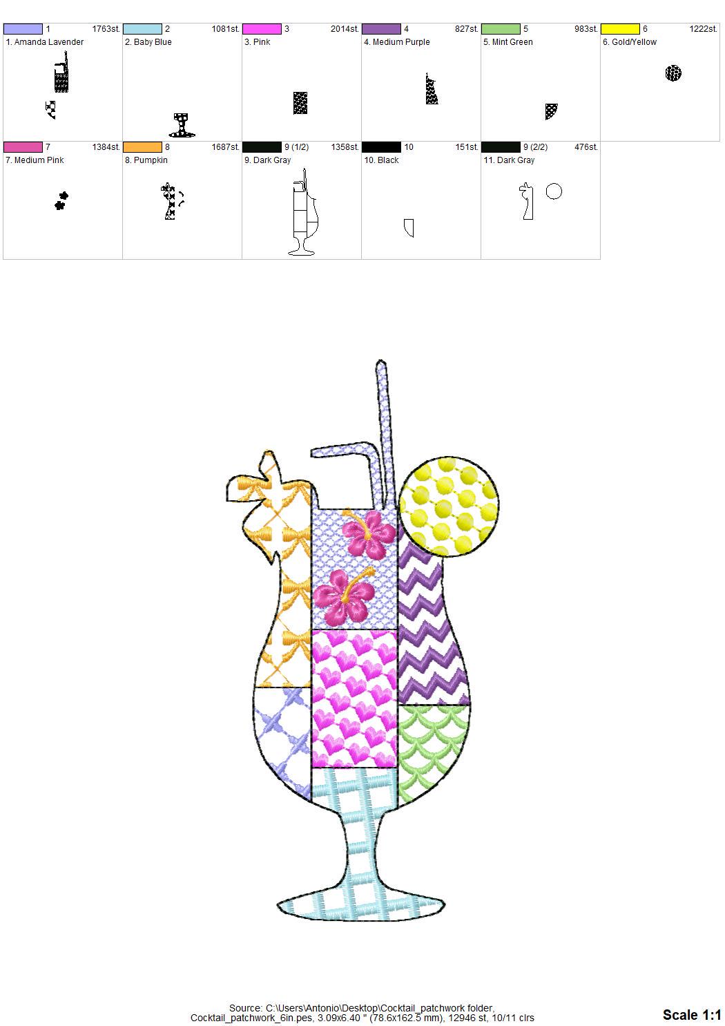 Patchwork Summer Cocktail with a Straw – Beach machine embroidery design by Artapli