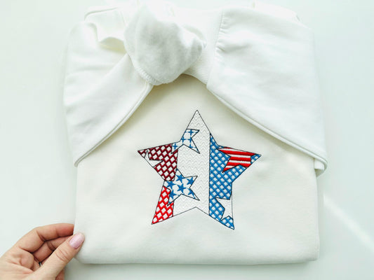 Patchwork Patriotic Star outline US flag stars and stripes patterned