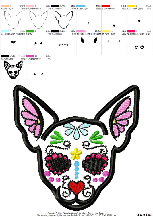Chihuahua Sugar Skull applique design, dog skull embroidery, 4x4, 5x7