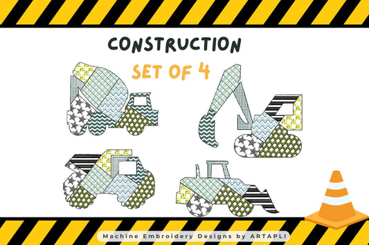 Patchwork Construction Vehicle SET of 4 Tractor Mixer Digger Truck