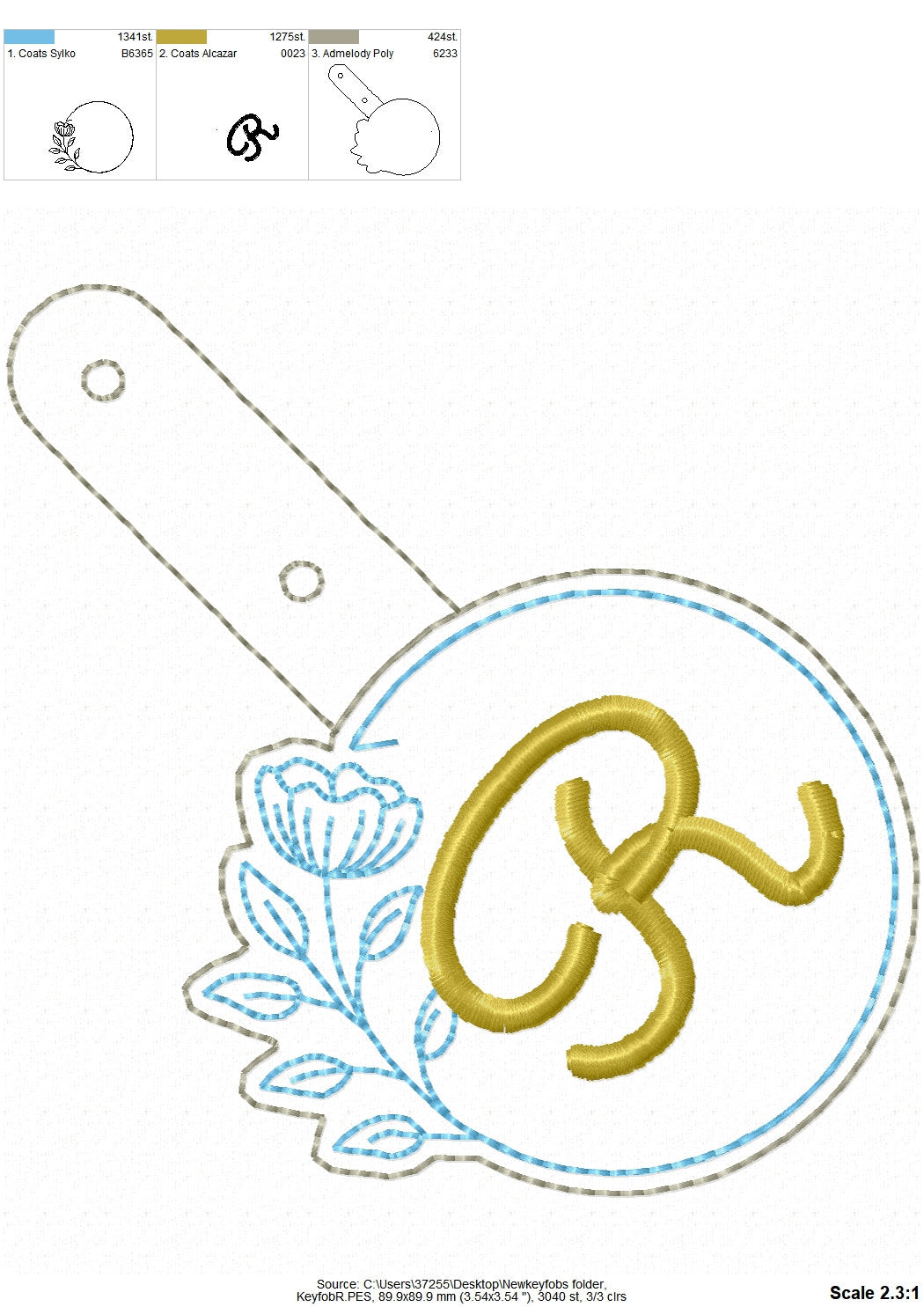 Round Circle Floral Monogram Keychain