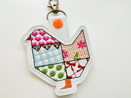 Patchwork Folk Chicken 2 types Eyelet and Key Fob snap tab ITH in the