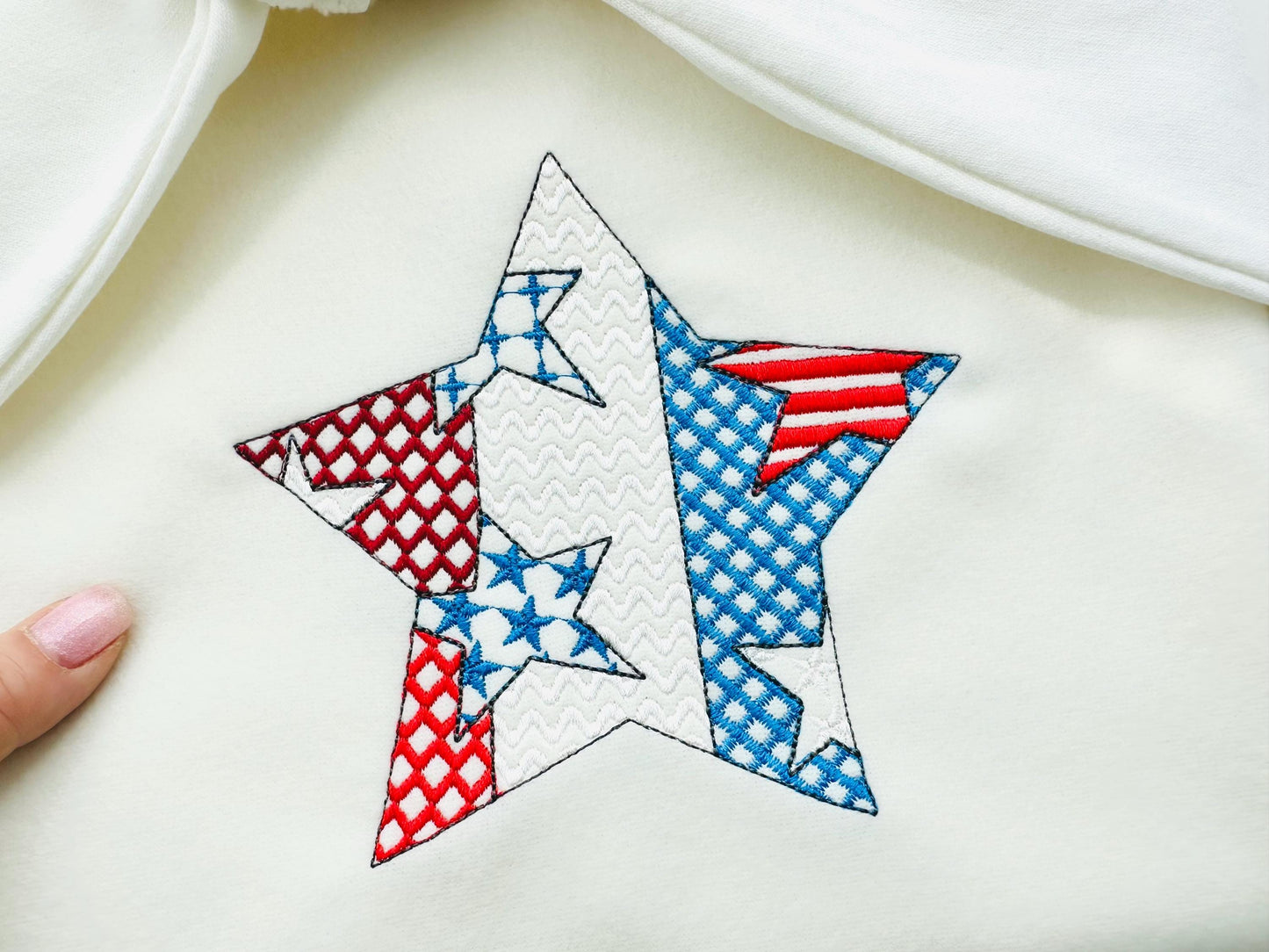Patchwork Patriotic Star outline US flag stars and stripes patterned