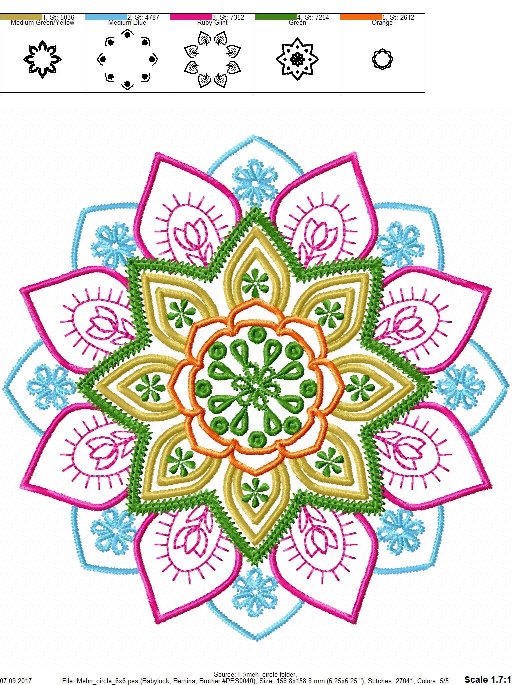 Mehndi circle ornament - machine embroidery designs INSTANT DOWNLOAD assorted sizes 4x4, 5x5, 6x6 and 8x8 colorful mandala flower