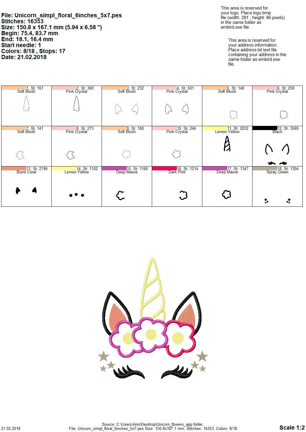 Unicorn head with floral crown applique - machine embroidery designs applique Rainbow unicorn embroidery Rainbow unicorn face
