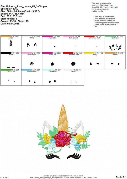 Unicorn pretty eyes with shabby chic rose crown floral bouquet fill stitch machine embroidery designs