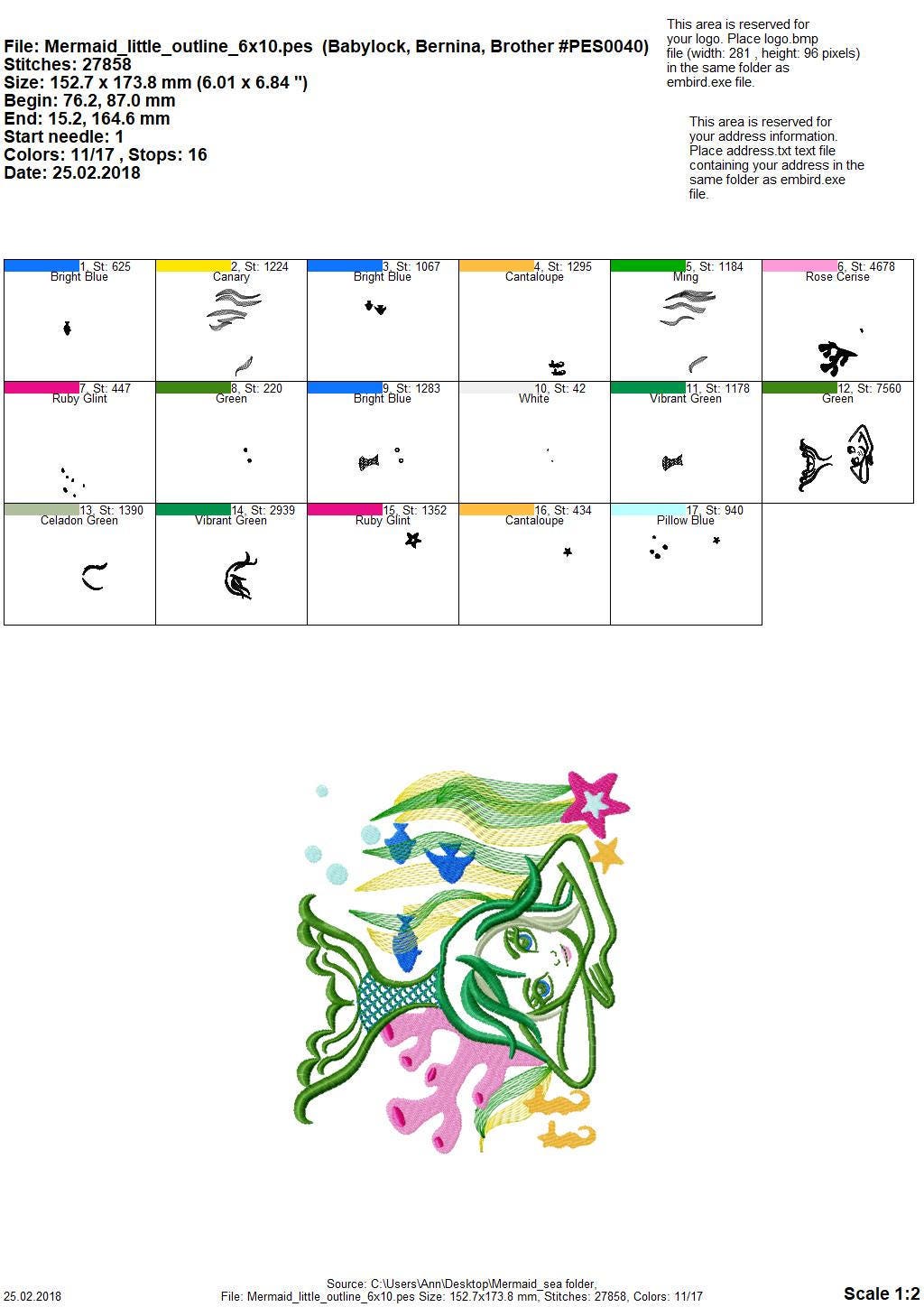 Colorful Mermaid embroidery design, outline design, mermaid Embroidery, designs for hoops 4x4 5x7 and 6x10