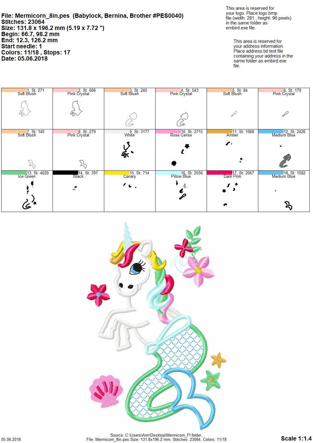 Mermicorn Unicorn Mermaid floral Cute T-Shirt applique machine embroidery designs