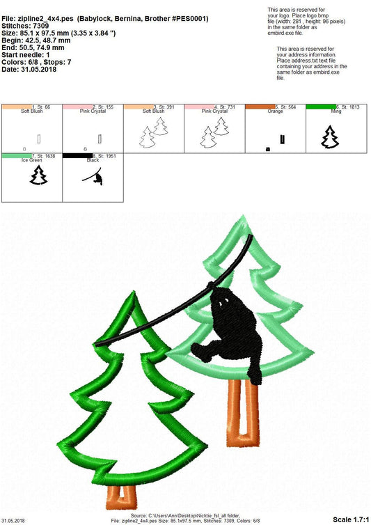 Zip-line boy silhouette pine tree