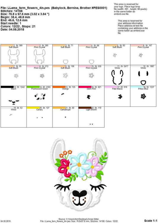 Floral Llama alpaca head pretty eyes flower crown applique machine embroidery designs