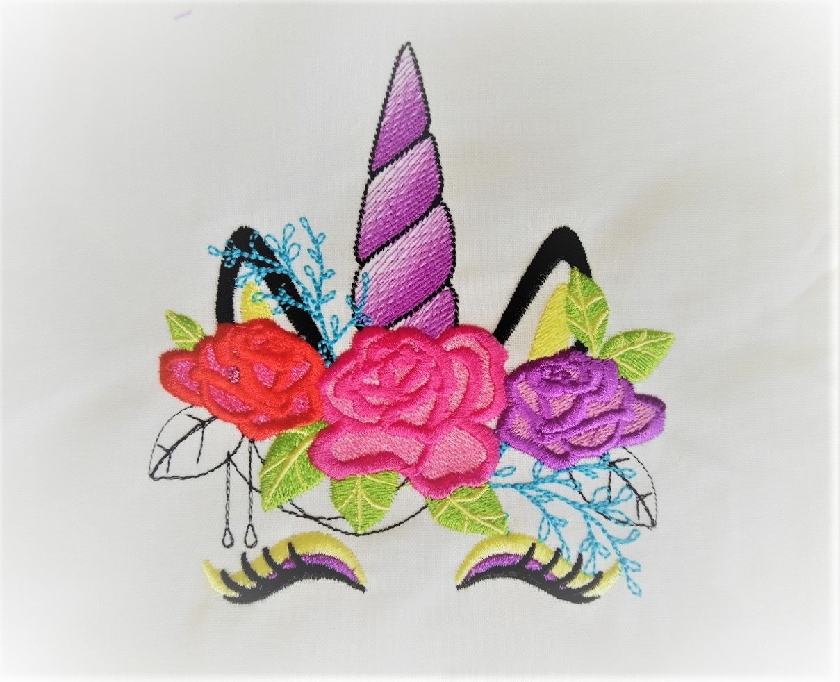 Dark shadow Unicorn head with floral crown fill stitch – Sizes 4" 6" 7" 5" Digital Embroidery File | Artapli