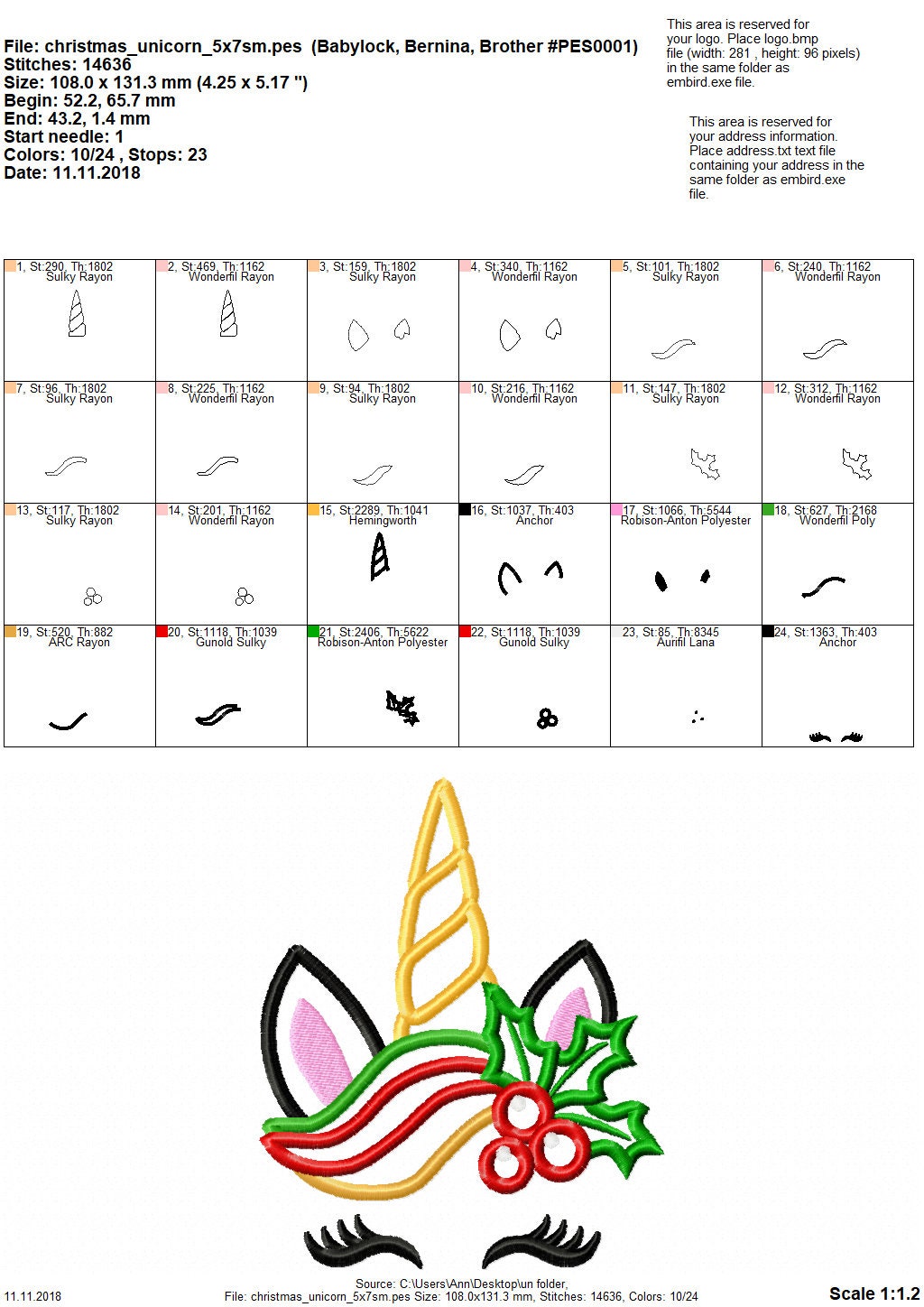 Christmas Unicorn head with floral crown fill stitch machine embroidery designs unicorn face