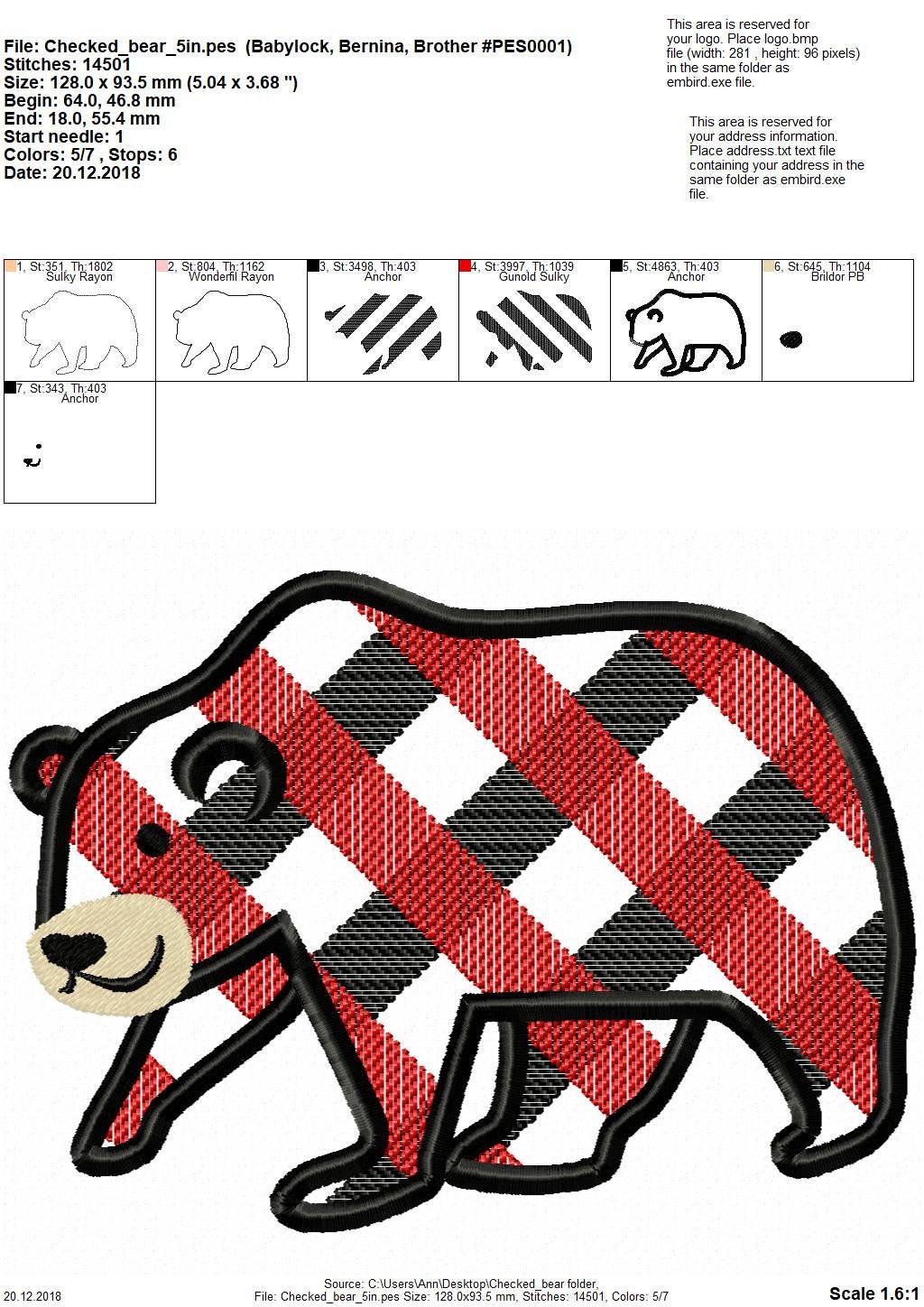 Gingham Plaid Bear outline Machine embroidery applique designs